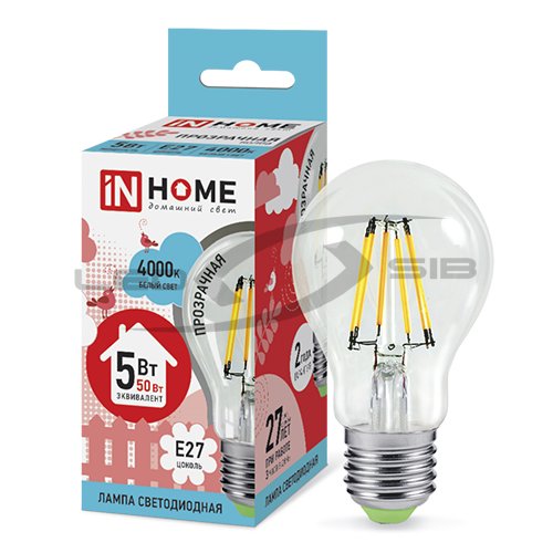 лампа сд led-a60-deco 5w 230v е27 450lm прозрачная in home Лампа сд LED-A60-deco 5W 230V Е27 450Lm прозрачная IN HOME